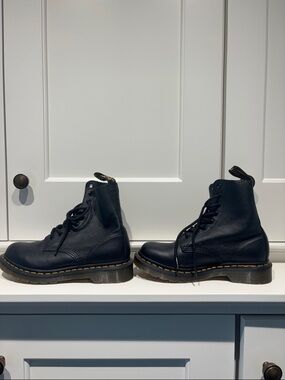 Dr. Martens Black Leather Lace-Up Combat Boots with Yellow Stitching